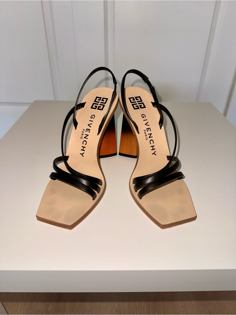 Givenchy Black Strappy Block Heel Sandals with Beige Footbed